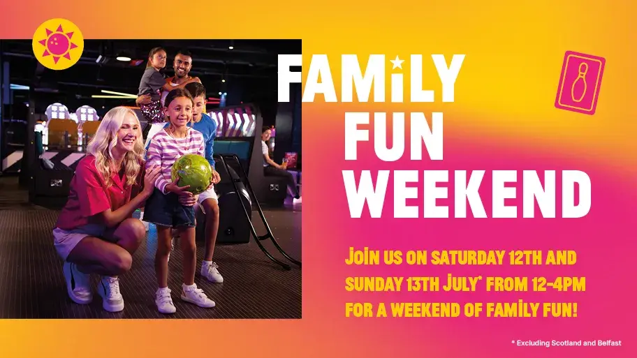 A family bowling at Hollywood Bowl on their Family Fun Weekend