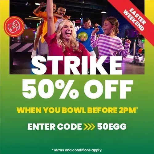 Use code 50EGG to save 50% off bowling games before 2pm