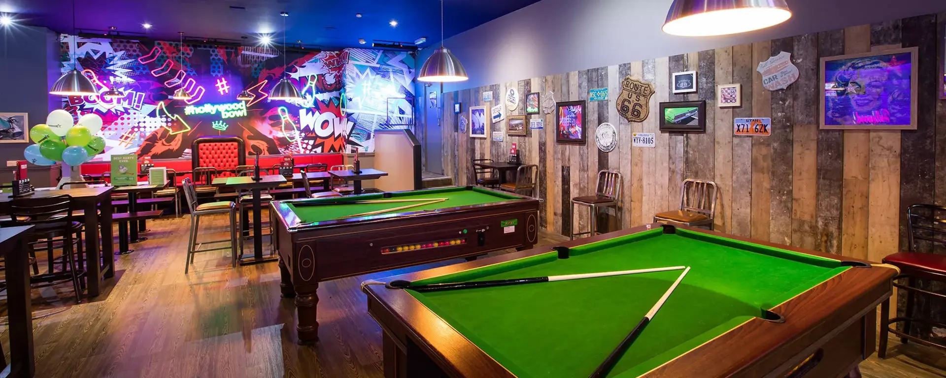 Pool tables and party area at Hollywood Bowl Ashford