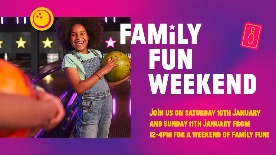 A family bowling at Hollywood Bowl on their Family Fun Weekend