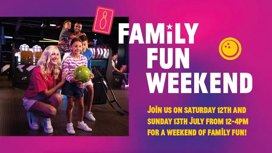 A family bowling at Hollywood Bowl Reading during itsr Family Fun Weekend