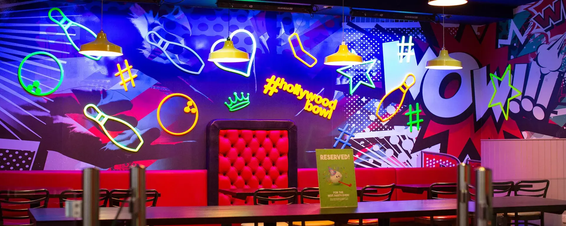 Party area and diner table at Hollywood Bowl Birmingham Broadway Plaza