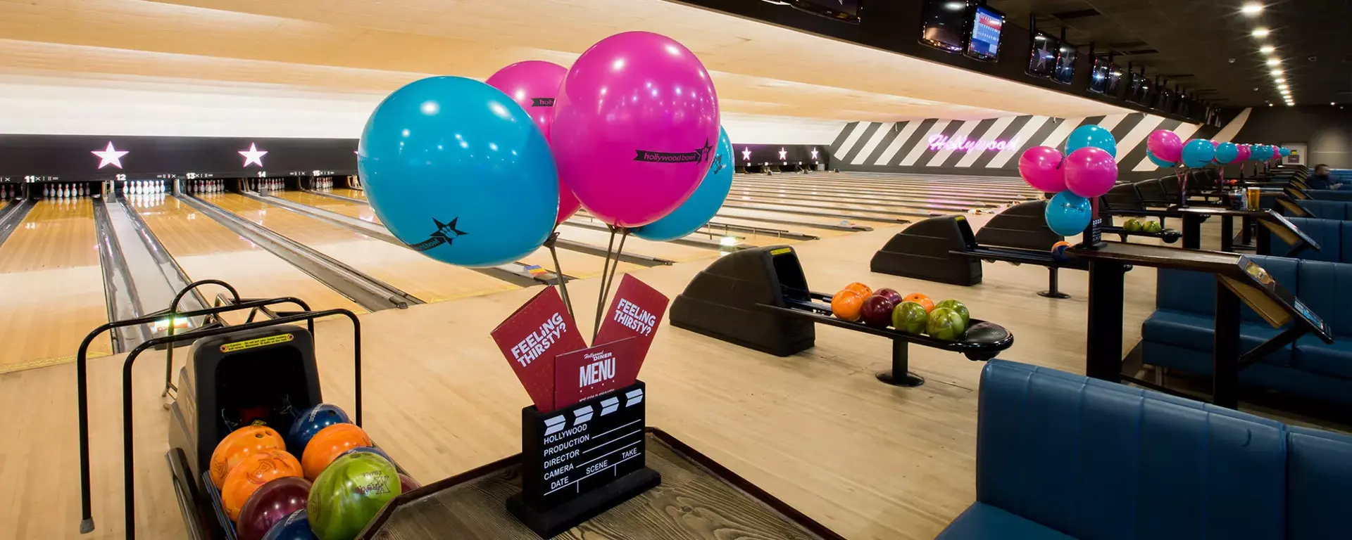 Lanes and balloons at Hollywood Bowl London Tolworth