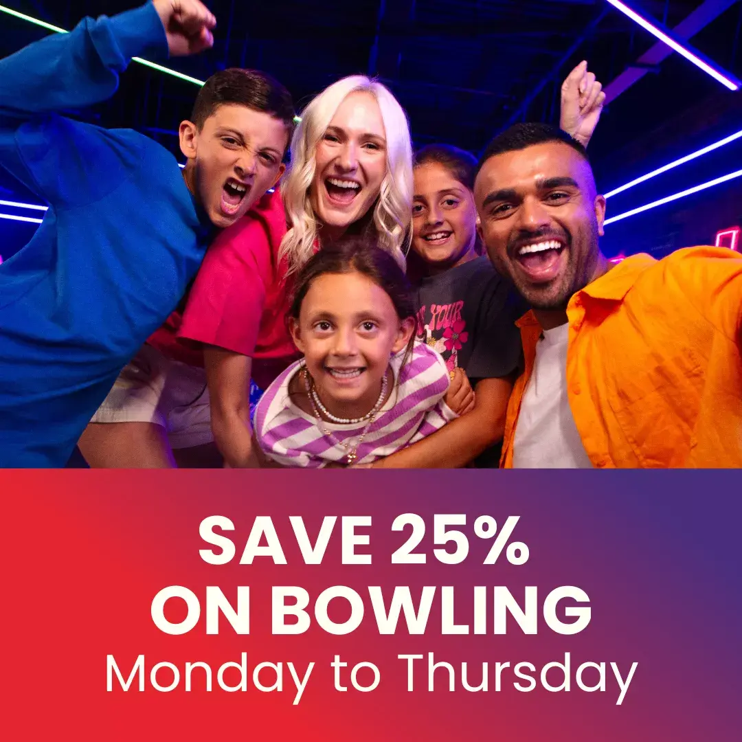 Save 25% on hourly bowling Monday - Thursday before 6PM