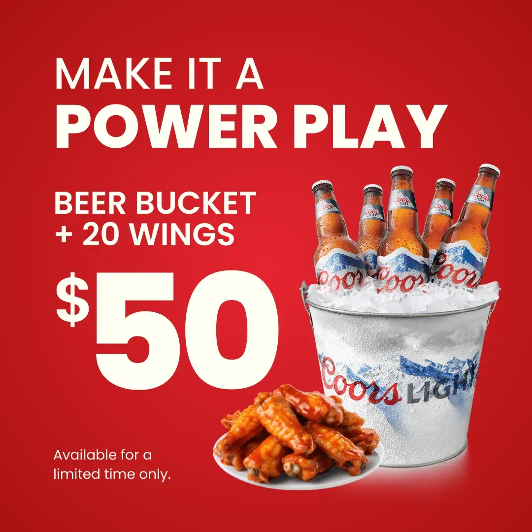 score big with our Power Play Combo! Get 20 sauced up wings and five ice-cold beers for only $50