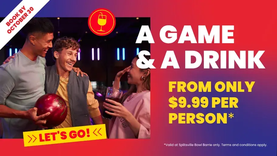 Get 1 drink and 1 game for just $9.99 at Splitsville Bowl