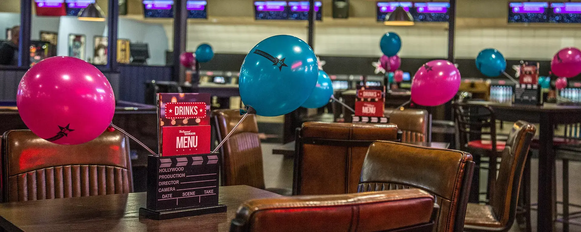 Balloons and seating area at Hollywood bowl wigan