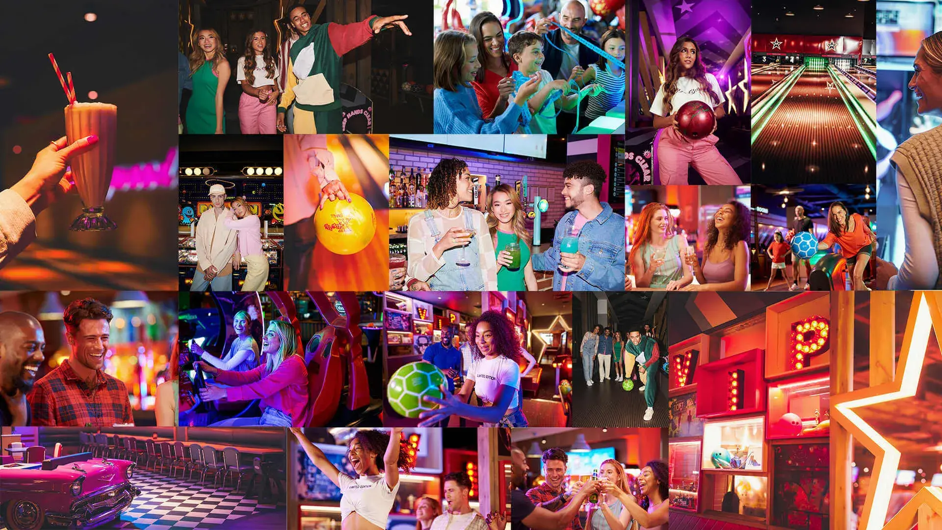 A montage of photos showing activities you can do at Hollywood Bowl centres