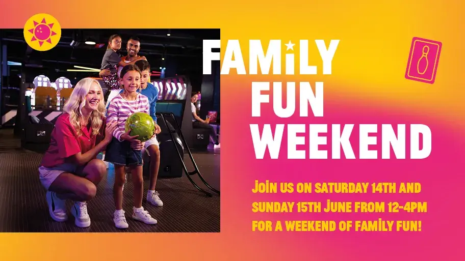 A family bowling at Hollywood Bowl on their Family Fun Weekend
