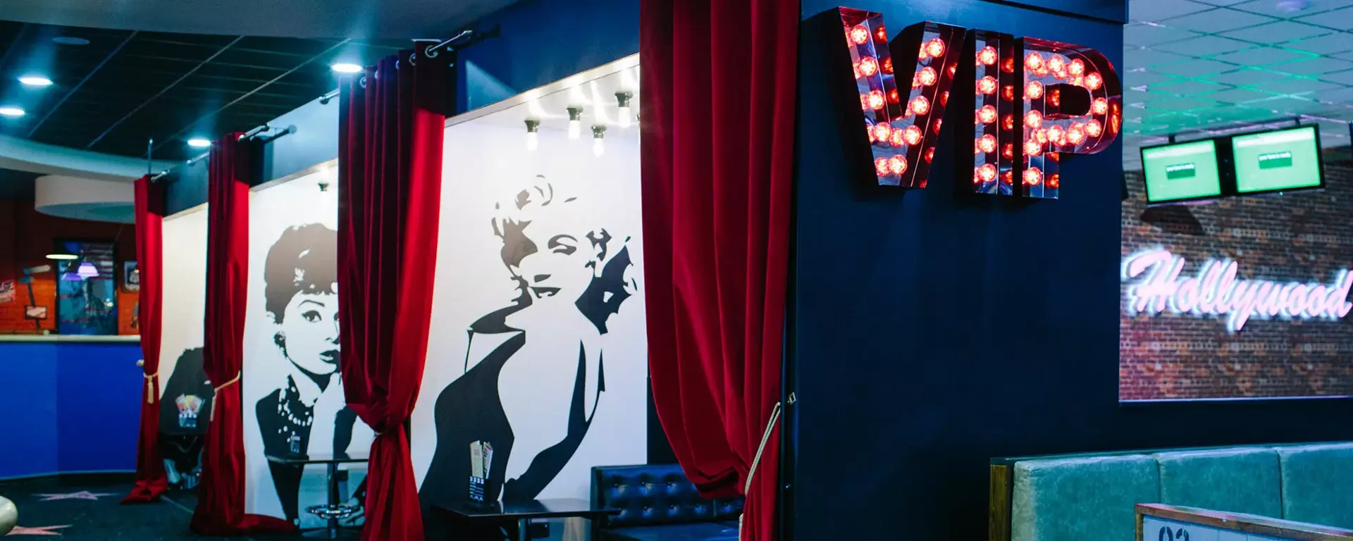 VIP area and mural of Marilyn at Hollywood Bowl London Surrey Quays