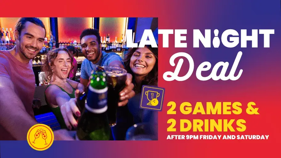 Play our late night 2 games and 2 drinks deal at Splitsville Bowl
