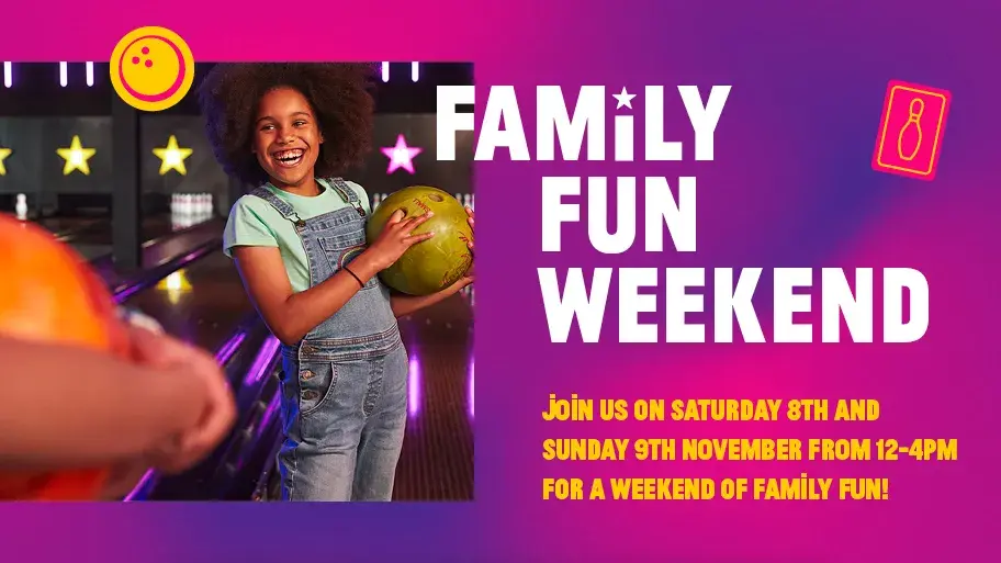 A family bowling at Hollywood Bowl on their Family Fun Weekend