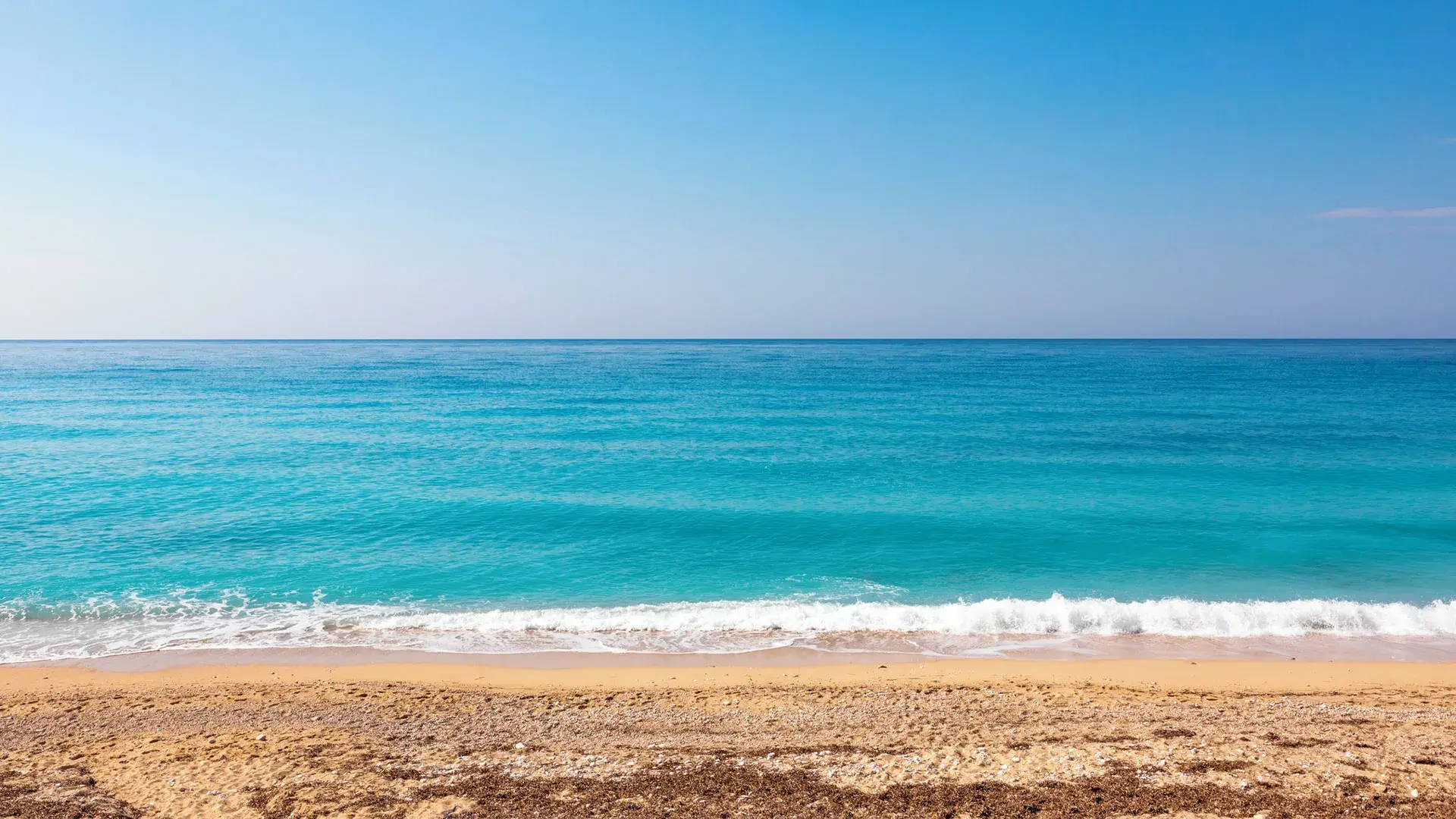A sunny beach scene featuring a clear blue sky and a sandy shore, perfect for relaxation and fun.