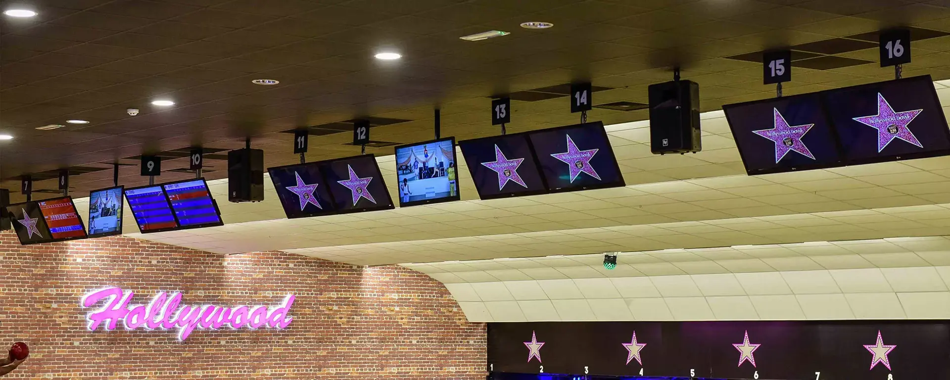 Stars on lanes and hollywood sign at Hollywood Bowl Bradford