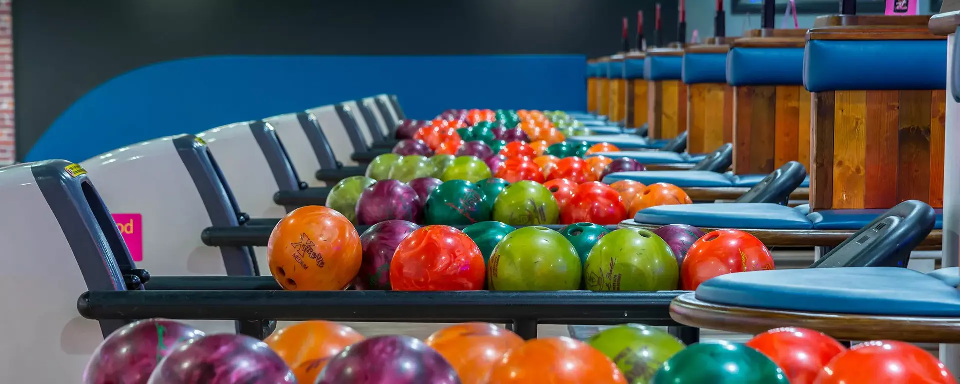 Bowling balls on the lanes at Hollywood Bowl