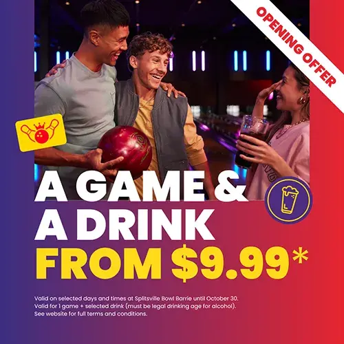 Get 1 game of bowling and 1 drink for just $9.99 at selected Splitsville Bowl centres